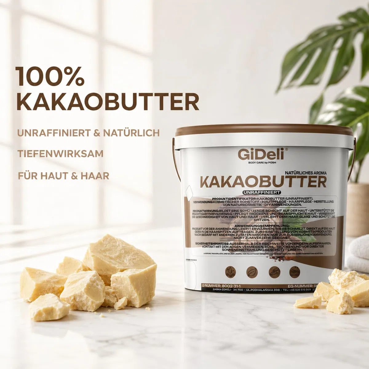 GiDeli Kakaobutter 20kg im Eimer - Das Kakaofett Tiefenwirksam Feuchtigkeitsspendend und Regenerierend - Unraffinierte Butter für Haut und Haarpflege - Das Kakaobohnenfett mit Schutzwirkung
