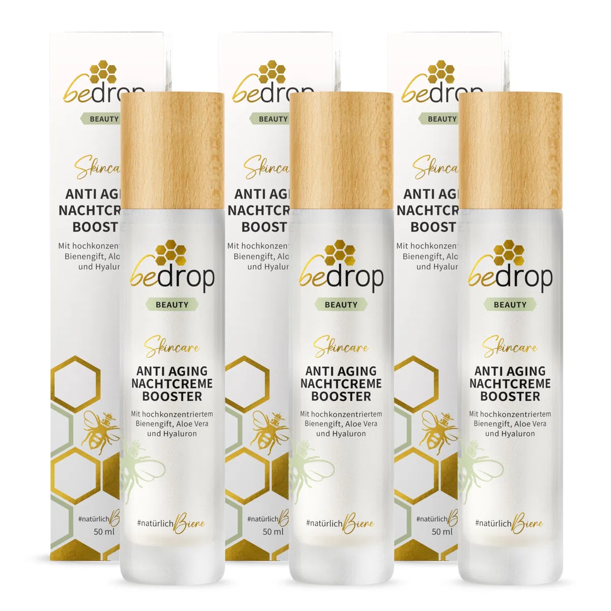 bedrop Anti-Aging Nachtcreme BOOSTER regenerierende Nachtpflege mit Bienengift, Aloe Vera, Hyaluron, Jojobaöl, Vitamin C und Arginin zur Faltenminderung - 50ml (3x 50ml Sparset)