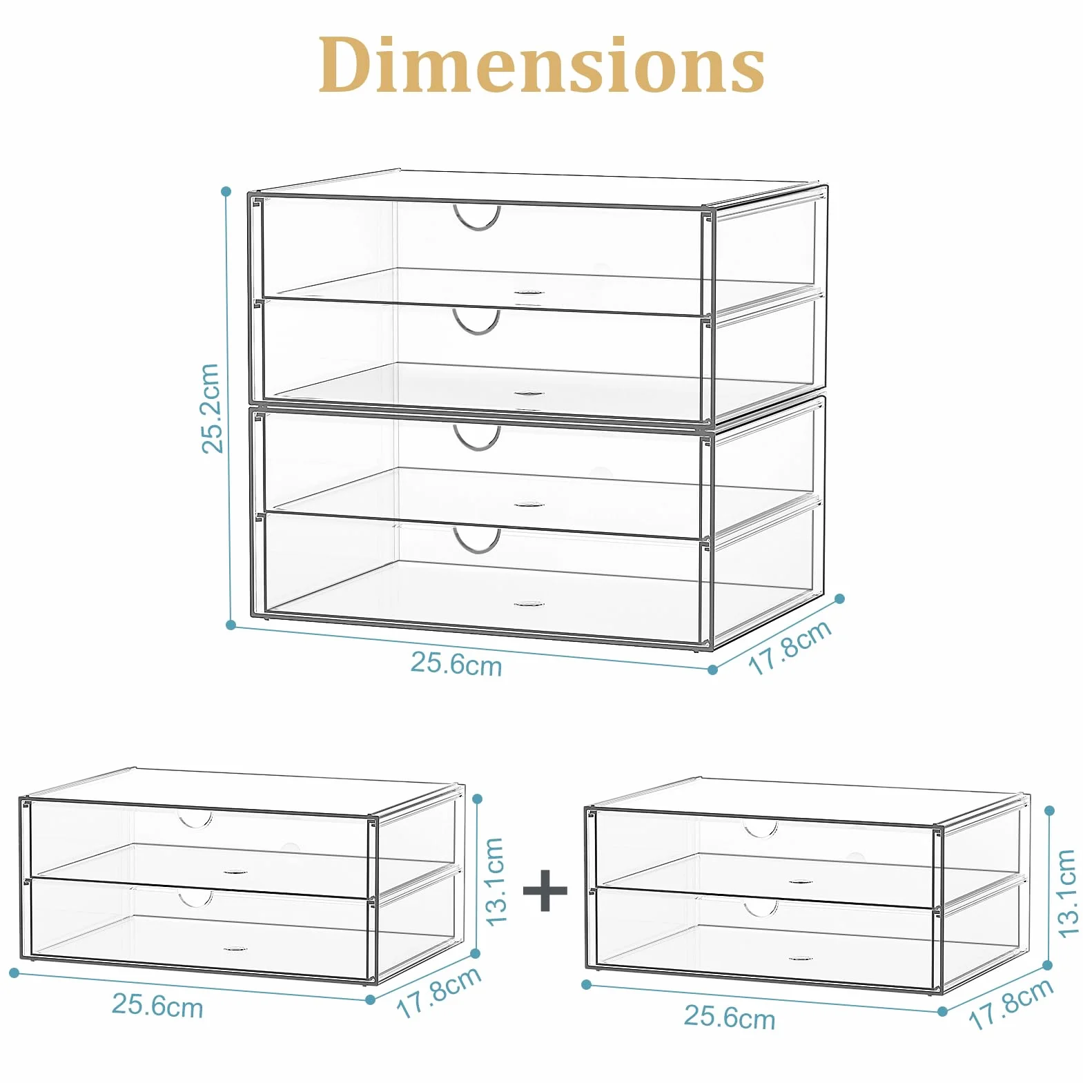 SortNStore Große Kosmetik Organizer mit 4 Breiten Schubladen 2er-Set Acryl Stapelbare Schubladenbox