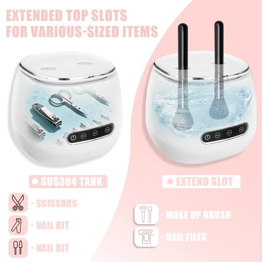 Pinkiou Nail Tools Sterilisator, Ultraschall-Tiefenreinigung für Maniküre Fräser & Bits, Schminkpinsel, 3 Zeitstufen 304 Edelstahl Reinigungsbox für Nagelstudio zu Hause, Kompakt und stilvoll, Weiß
