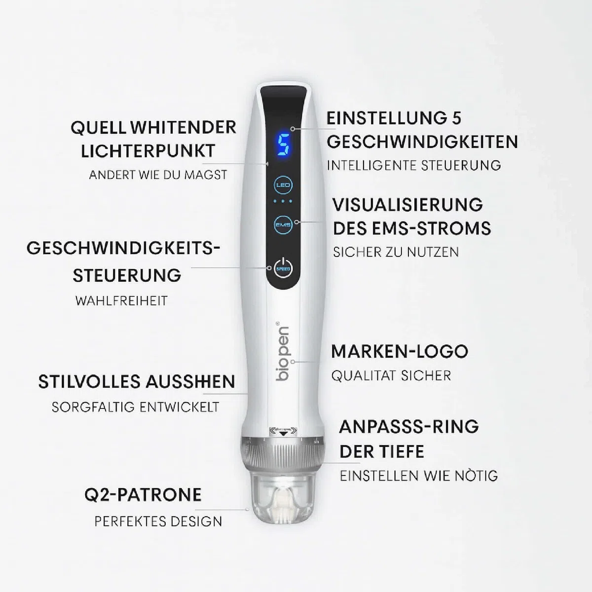 Bio Pen Q2 Beauty Pen Set mit 12 Ersatzkartuschen (5x14 Pin & 7x25 Pin), kabellos, LED Display, 5 Stufen, wiederaufladbar, kosmetisches Hautpflegegeraet fuer Gesicht Hals Koerper Zuhause Studio