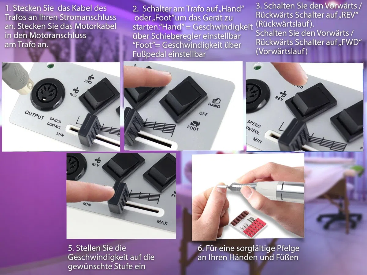 Profi Fußpflege Set Fußpflegegerät mit Fräser und Diamantschleifer | Elektrischer Nagelfräser mit extra starker Leistung und einfacher Bedienung Inkl. 10 Diamant Nagelschleifer mit Vitrinen Box
