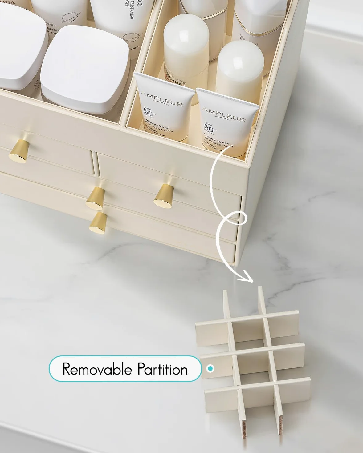 VLANDO Make up Organizer mit 4 Schubladen, Kosmetik Organizer für Badezimmer, Beige