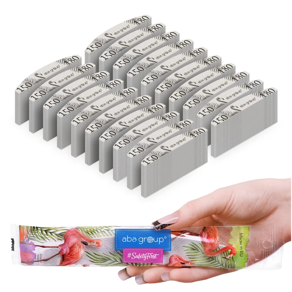 ABA GROUP Nagelfeile 150/180-500 Stück - Halbmond 4 mm Dick - Einzeln Hygienisch Verpackt - Profi Tools für Gel- und Naturnägel, Feilen für Gelnägel, Doppelseitige Nagelpfeile, Nail File Set
