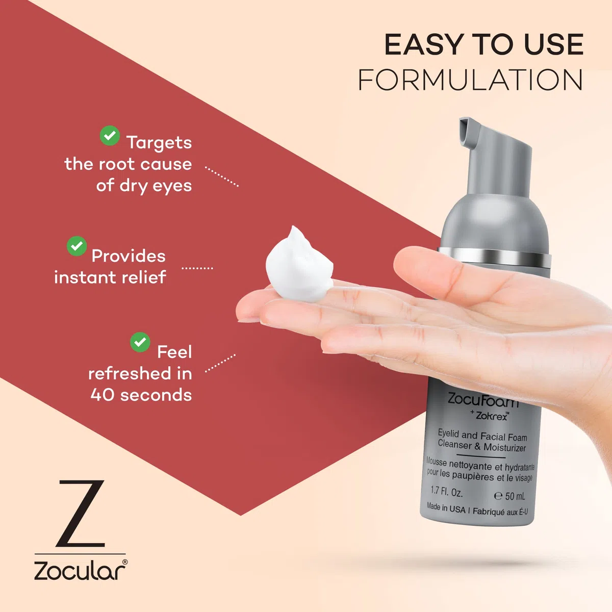 Zocular ZocuFoam Eyelid Cleanser - Foaming Eyelid Scrub for Blepharitis, Demodex and Inflammation - Stye Treatment for Eyes - Natural pH Balanced Treatment - 1.7 FL OZ (50mL)