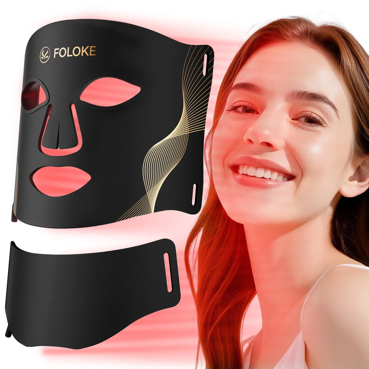 FOLOKE LED Maske Gesicht -LED Lichttherapiemaske für die Gesichtspflege, 7-farbige Lichtwellen, rote Lichtmaske für Gesicht und Hals, rot – 5 Helligkeitsstufen, rote Lichtmaske für zu Hause