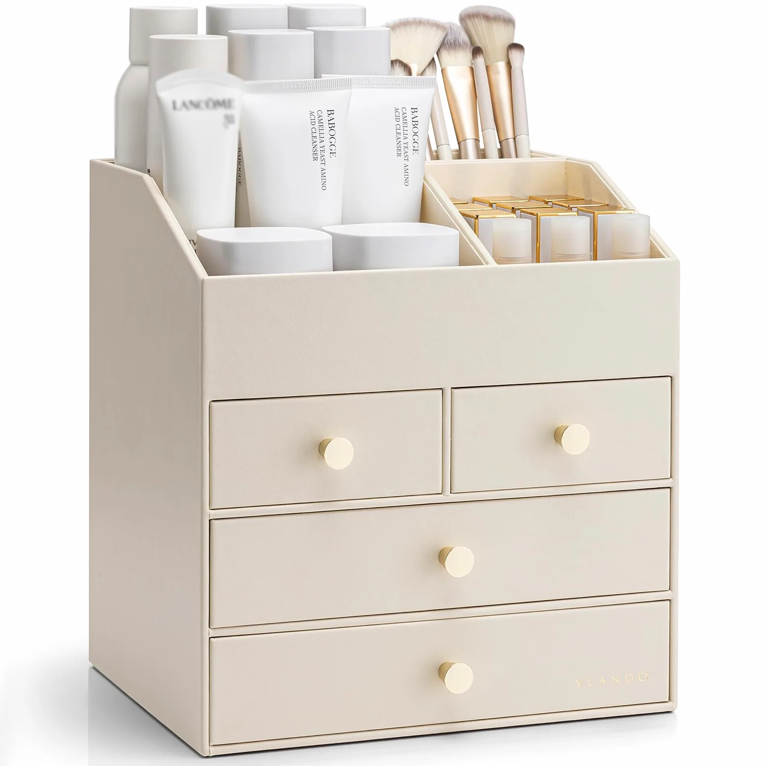 VLANDO Make up Organizer mit 4 Schubladen, Kosmetik Organizer für Badezimmer, Beige