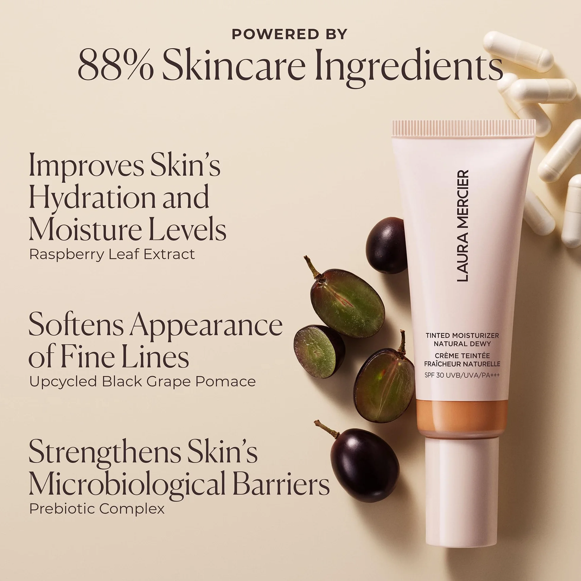 Laura Mercier Tinted Moisturiser Natural Dewy - LSF 30: 24 Std.+ Feuchtigkeit, langanhaltend, leichte bis mittlere, aufbaubare Deckkraft, taufrisches Finish, verbessert Hautton und -textur, Hauttönung