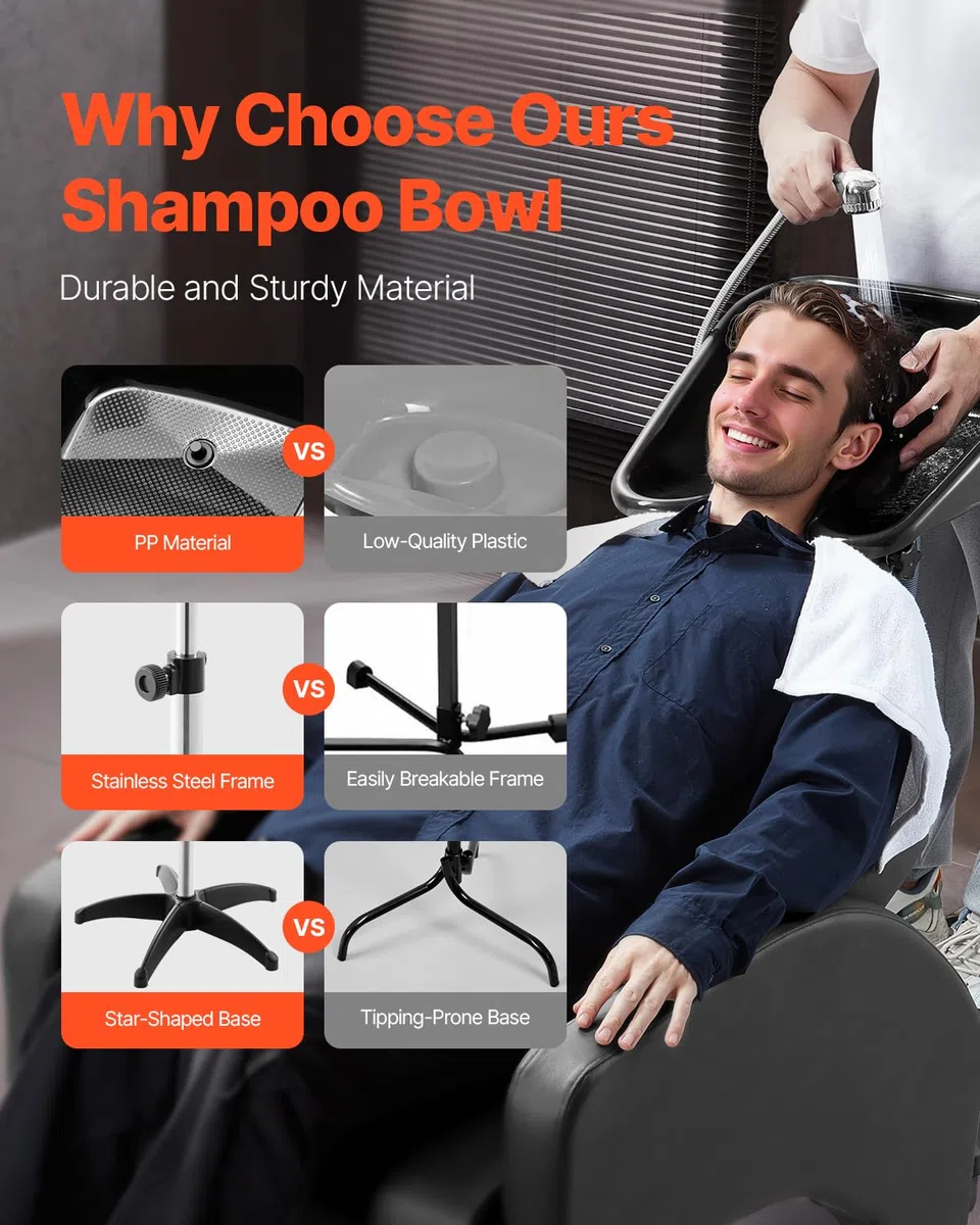 VEVOR mobiles Friseurwaschbecken, Haarwaschbecken, höhen-& winkelverstellbar, Kopfwaschbecken mit Ablaufschlauch & Stützbasis, Waschbecken für Barbershop, Beauty-Spa-Center, Friseursalon