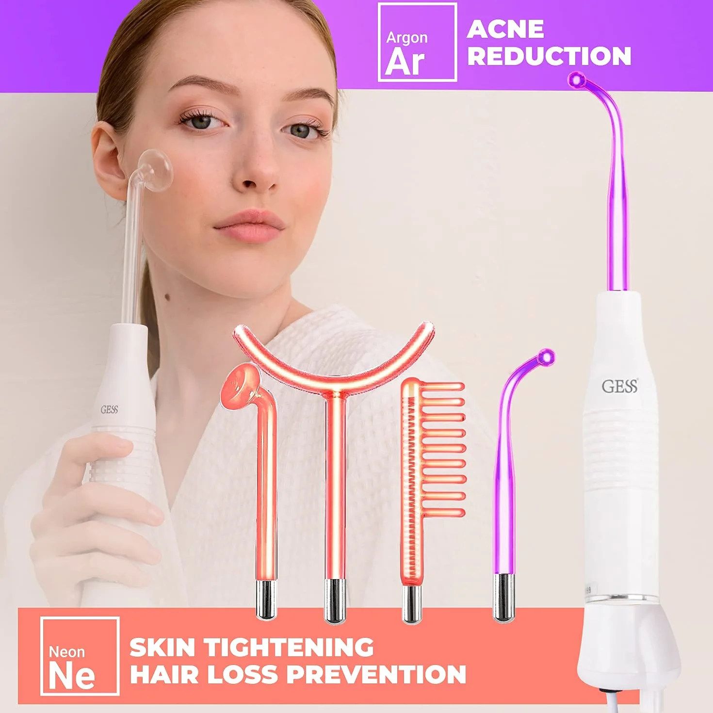 GESS SuperNova Darsonval Hochfrequenzgerät für Gesicht und Haare, Anti Aging Gesichtsmassagegerät, Akne Behandlung, Faltenreduzierung, Hautpflege Kosmetik Gerät
