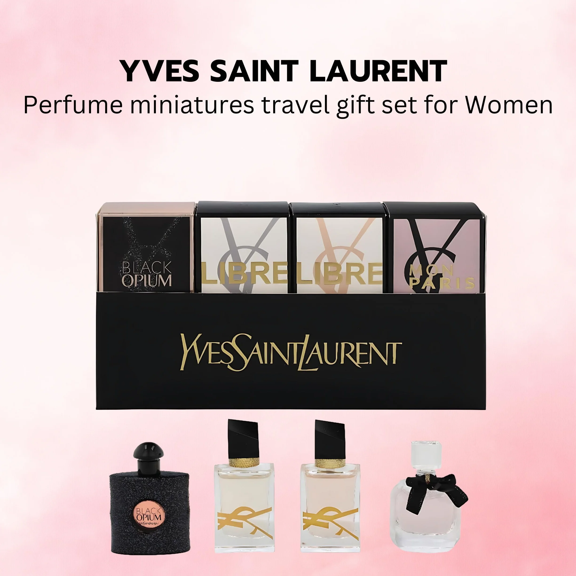 Yves Saint Laurent YSL Parfüm-Miniatur-Reise-Set für Damen, Libre EDT 7,1 g + Libre EDP 7,1 g + Mon Paris EDP 7,1 g + Black Opium EDP 7,5 ml