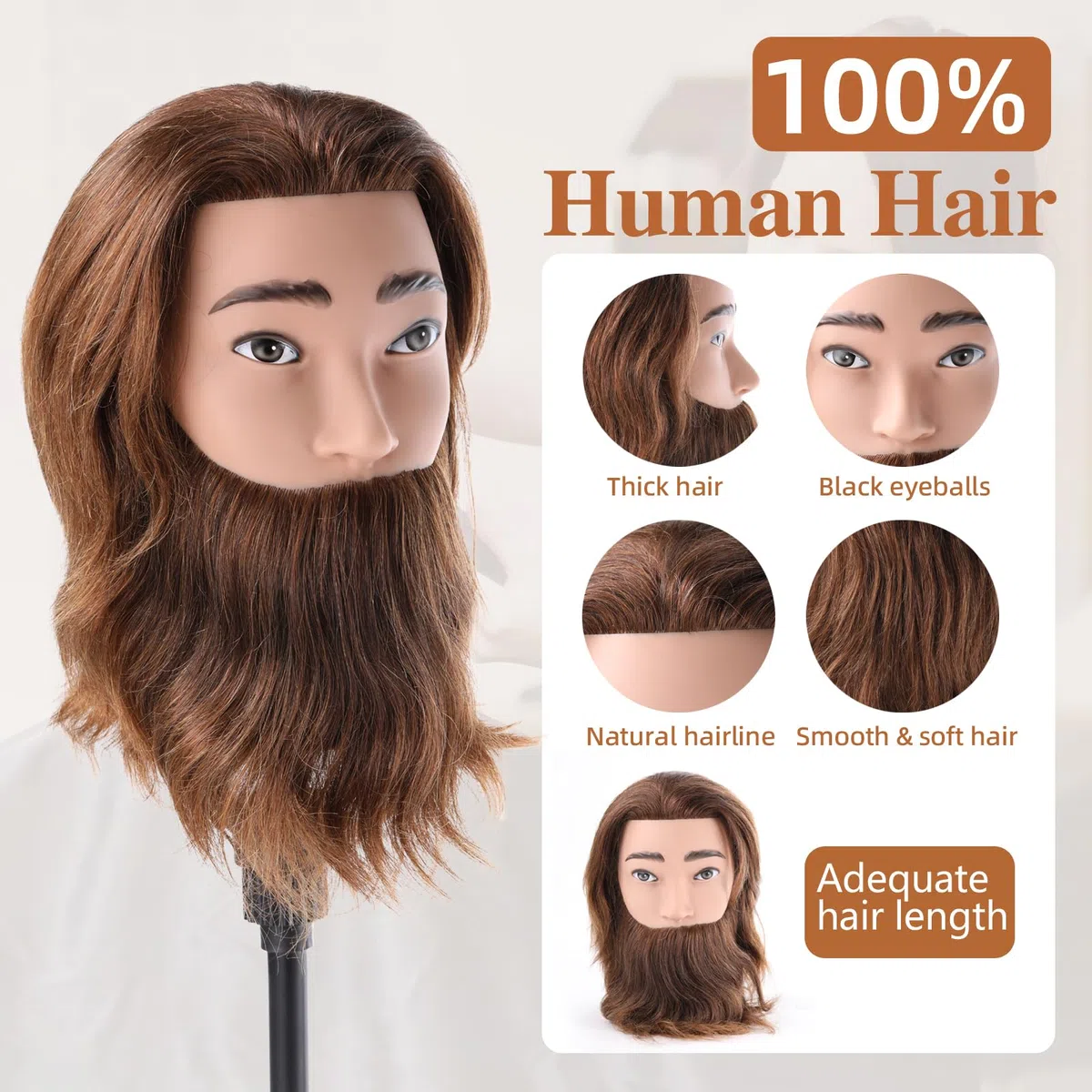 Mann Frisierkopf 100% Echthaar mit Bart Männlich Übungskopf Echthaar Friseur Kopf Puppenkopf Mannequin Kopf Mit Tischklemme + Kammsatz(19 Zoll)