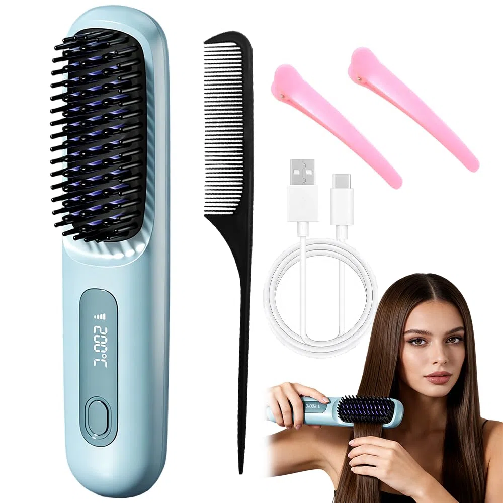 Glättbürste Kabellos, Stylingbürste für Kurze Haare Langes, kabellose Glättbürste Mit Led Anzeige Und 3 Wärmestufen, Haarglätter Bürste Kabellos für Reisen Täglichen Gebrauch