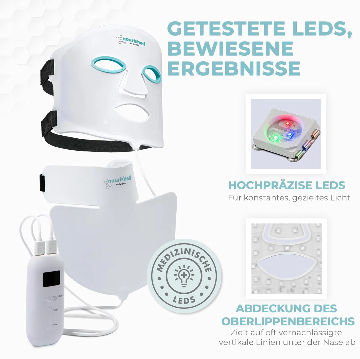 Nourished Bodynskin LED Lichttherapie Gesichts- & Halsmaske - Gesichtspflegegerät - 7 Farben Rot & Blau - Verjüngung, Anti-Aging-Produkt gegen Falten