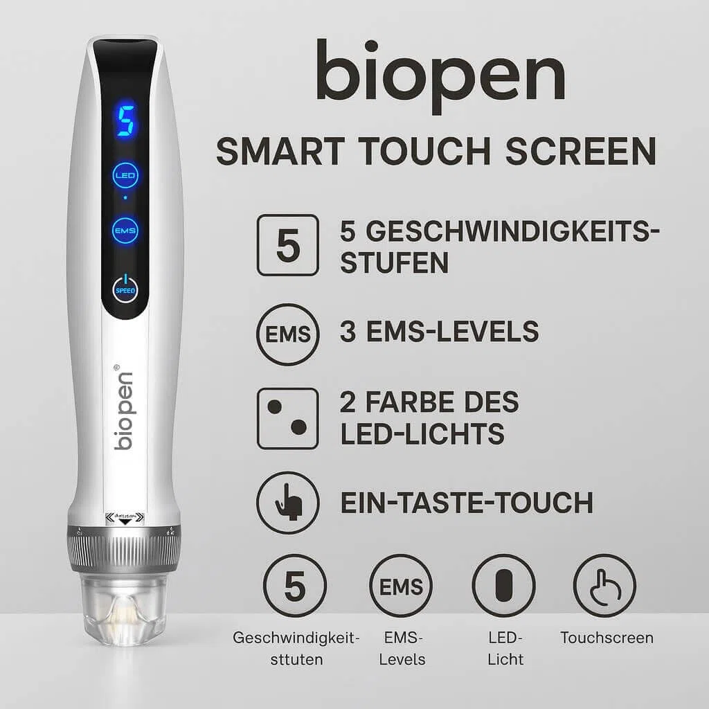Bio Pen Q2 Beauty Pen Set mit 12 Ersatzkartuschen (5x14 Pin & 7x25 Pin), kabellos, LED Display, 5 Stufen, wiederaufladbar, kosmetisches Hautpflegegeraet fuer Gesicht Hals Koerper Zuhause Studio