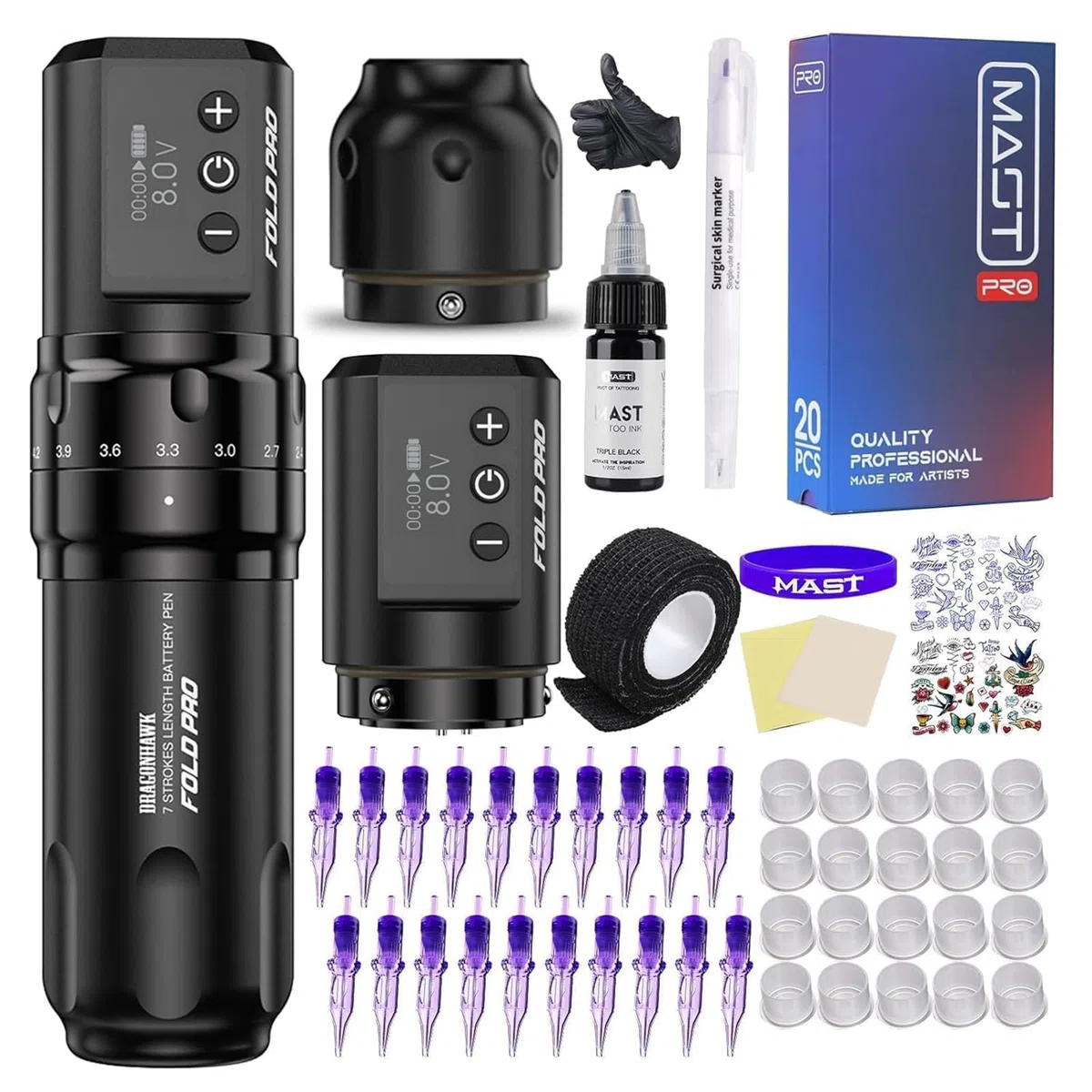 Dragonhawk Tattoo Maschine Set Fold Pro Kabelloser Tattoo Maschine Gun with 2 Batteries mit 7 Hübe 2.4-4.2mm 20 Stück Tattoo Nadeln für Linien und Sharding
