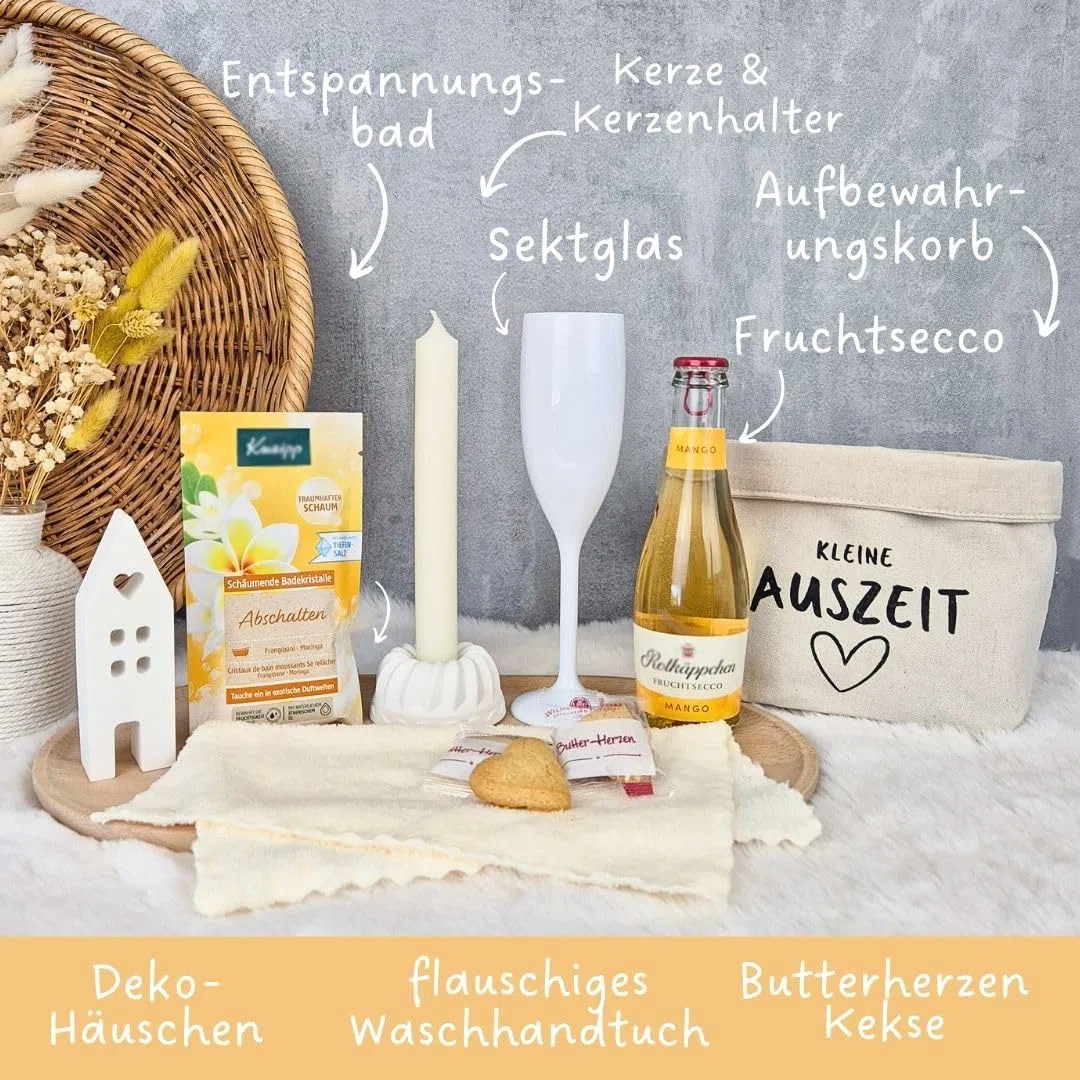 Wellness Geschenkset für Frauen mit Entspannung Badeschaum im Canvas Baumwoll-Korb