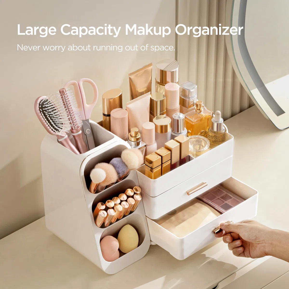 HBlife Makeup Kosmetik Organizer mit Schubladen, 3-in-1 Plastic Aufbewahrungsbox, Große Lagerung Weiß