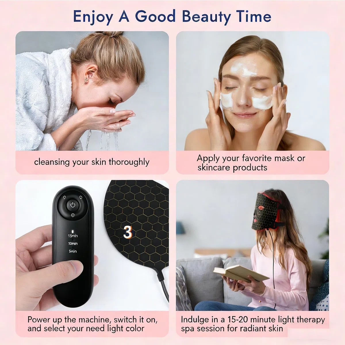LED Gesichtsmaske, 7 Lichttherapien für Anti-Aging und Akne, Infrarot Lichttherapiemaske für Gesicht, Wiederaufladbare Silikon-Maske für strahlende Haut, Schwarz