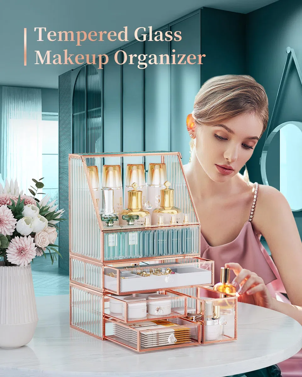 Youdepot Extra Großer Make up Organizer 5-teilig, Kosmetik Organizer aus gehärtetem Glas mit Schubladen, Schmuckbox, Pinselhalter, Skincare, Lippenstift und Parfüm