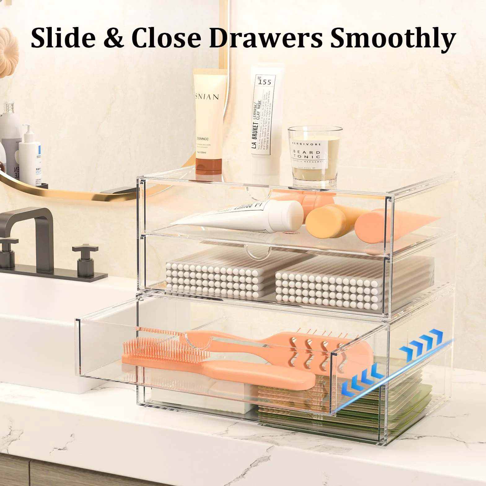 SortNStore Große Kosmetik Organizer mit 4 Breiten Schubladen 2er-Set Acryl Stapelbare Schubladenbox