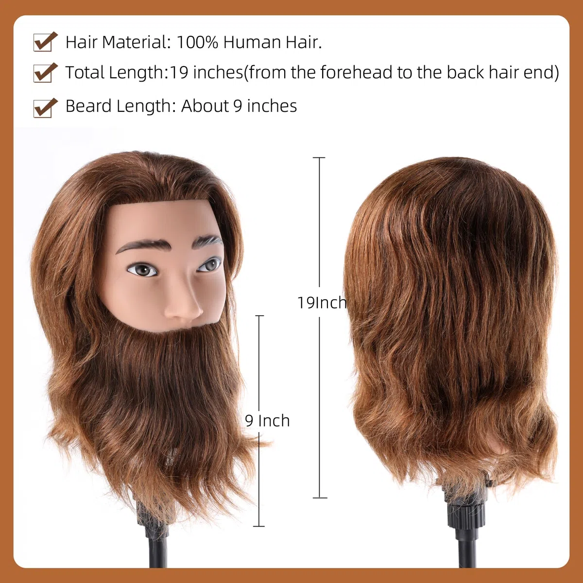 Mann Frisierkopf 100% Echthaar mit Bart Männlich Übungskopf Echthaar Friseur Kopf Puppenkopf Mannequin Kopf Mit Tischklemme + Kammsatz(19 Zoll)