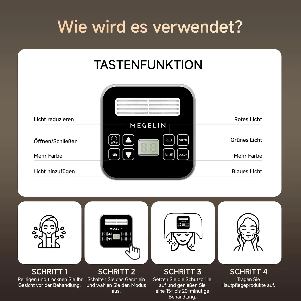 MEGELIN LED Lichttherapiegerät mit 8 Farben, U-förmige Infrarot Rotlichtlampe für Gesicht,Lichttherapie LED-Gesichtsmaske, Rücken & Körper
