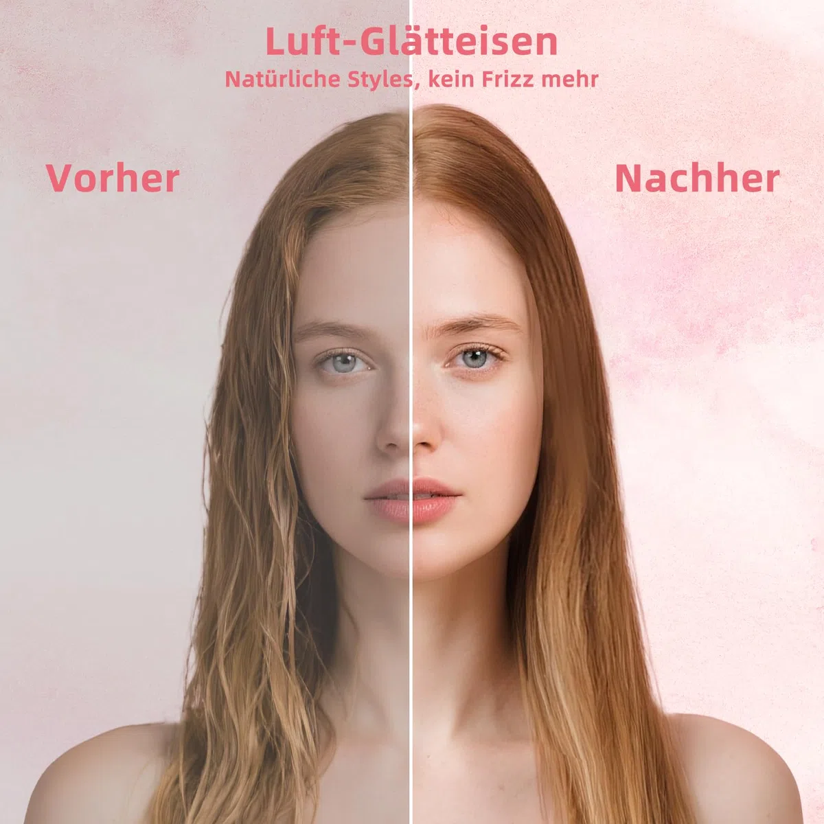 VIKICON Air Haarglätter, Professionelles Ionen Luft-Glätteisen ohne Heizplatten, Glätteisen Locken und Glätten für Mittellanges bis Langes Haar, Haarschonend, Weniger Haarbruch, mehr Glanz, Hellrosa