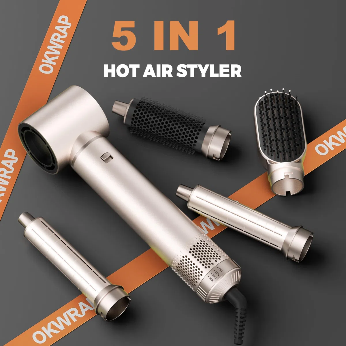 OKWRAP Hairstyler 5 in 1 Haarstyler Hair Styler Set, Airstyler Air Curlers Föhn 5 in 1 Mit Rundbürstenföhn Hairdryer Brushes for Styling Föhn Lockenstab Luft Für Glätten, Trocknen, Volumen, Locken