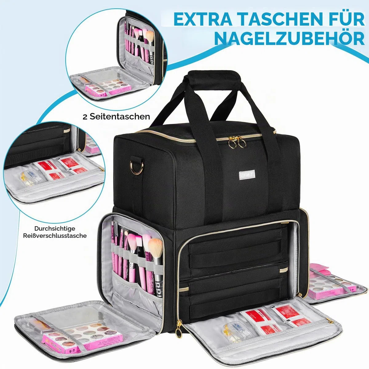 Nagellack Tasche Doppelschichtige Aufbewahrung Organizer für 80 Flaschen 15 ml Nagellampe Schwarz
