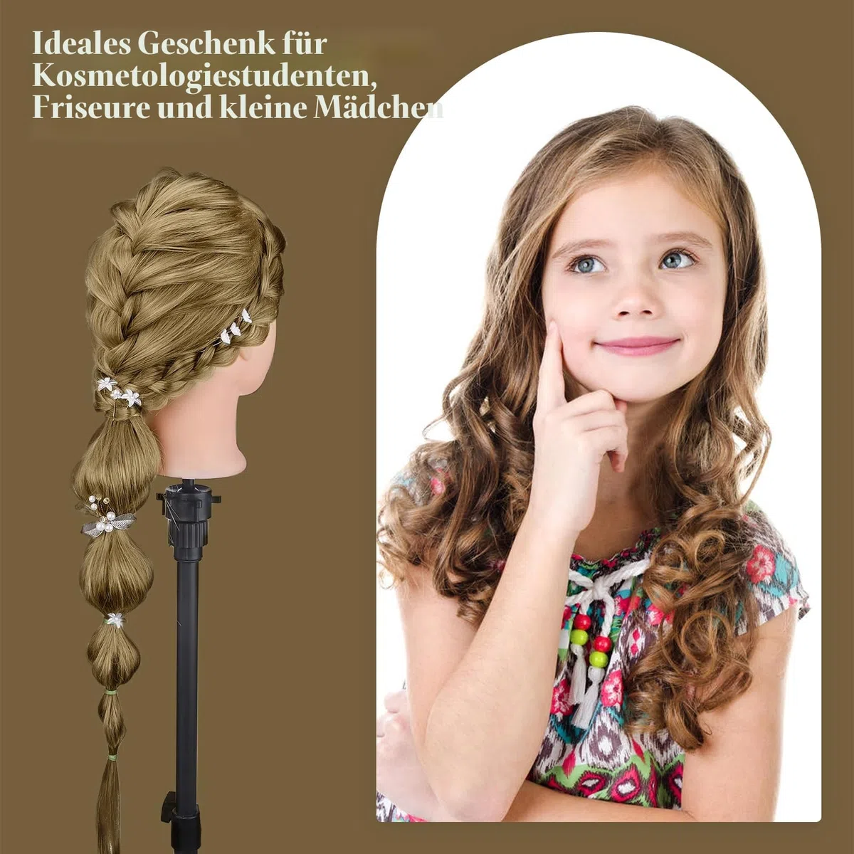 Neverland Beauty Frisierkopf mit Übungskopf ständer,71cm 60% Frisierkopf Echthaar,Puppenkopf zum Frisieren,Trainingsköpfe für Friseure Ausbildung Kopf Mit Halter + DIY Haare Set(Blond)