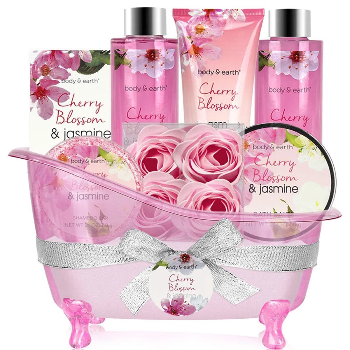 BODY & EARTH Geschenke für Frauen 8 tlg Kirschblüten Jasmin Duft Schaumbad Duschgel Badesalz Bodylotion SPA