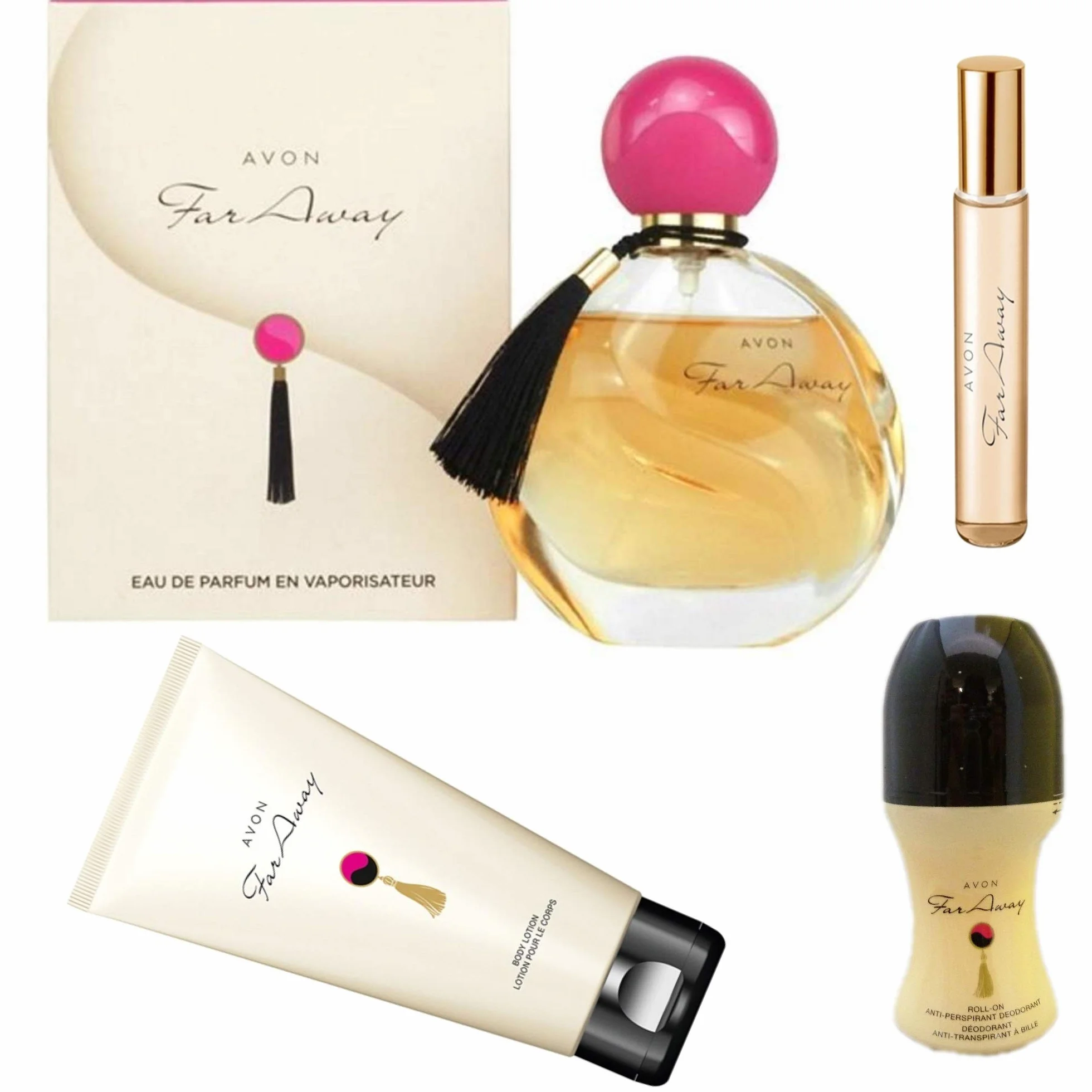 Avon Far Away Geschenkset 4tlg. Eau de Parfum Spray, Deoroller, Körpermousse, Taschenspray in Weihnachtlicher Geschenkbox