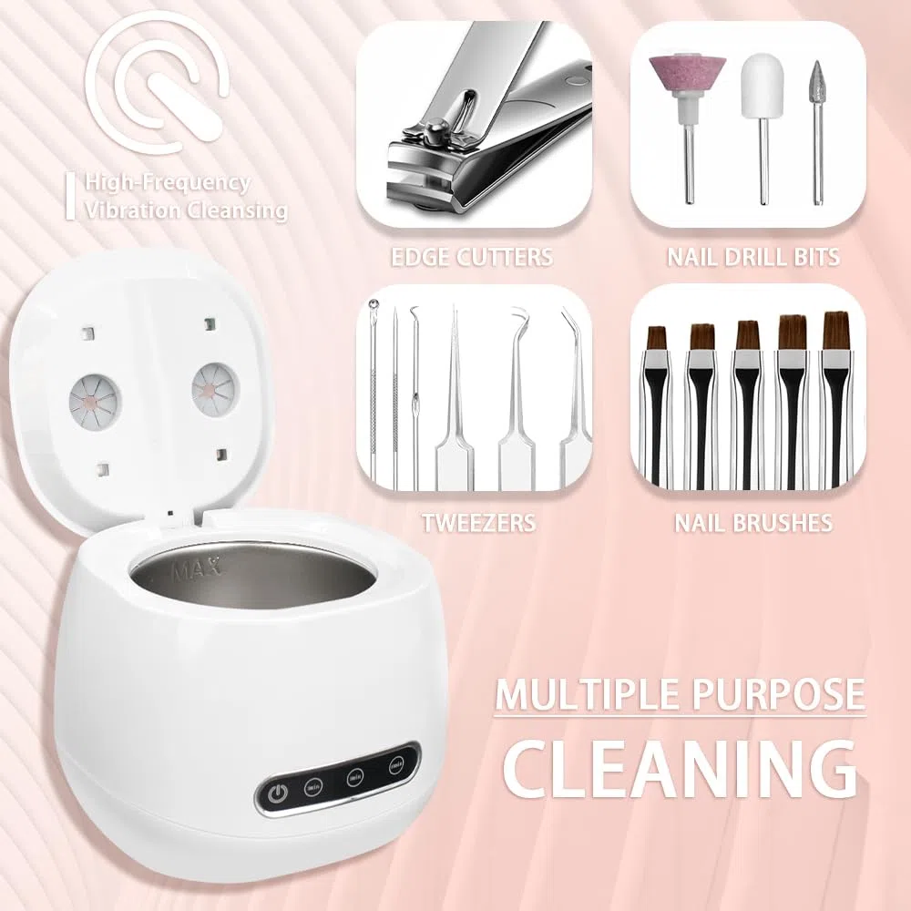 Pinkiou Nail Tools Sterilisator, Ultraschall-Tiefenreinigung für Maniküre Fräser & Bits, Schminkpinsel, 3 Zeitstufen 304 Edelstahl Reinigungsbox für Nagelstudio zu Hause, Kompakt und stilvoll, Weiß