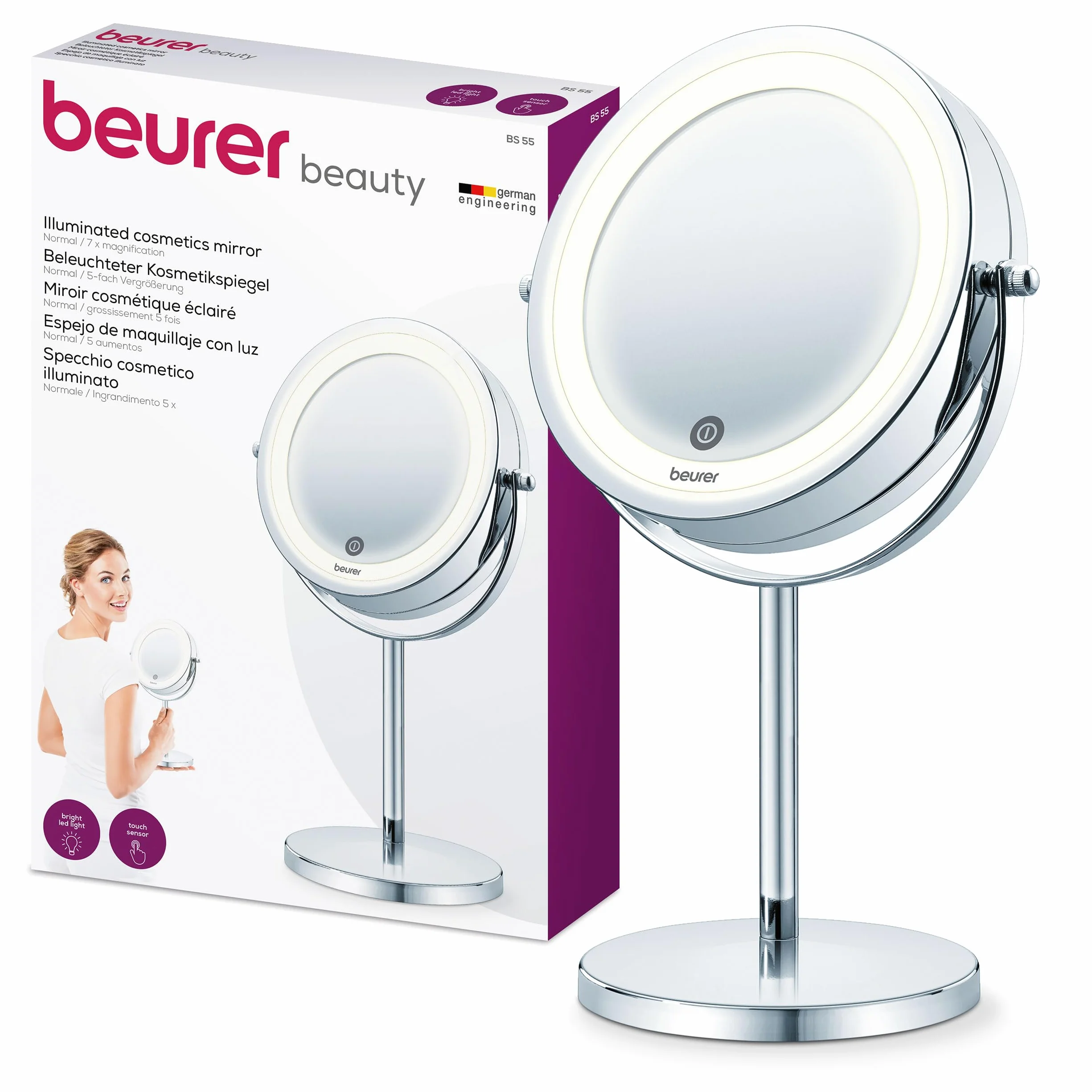Beurer BS 55 Kosmetikspiegel mit 7-fach Vergrößerung, LED Licht, Dimmfunktion, beleuchteter Schminkspiegel