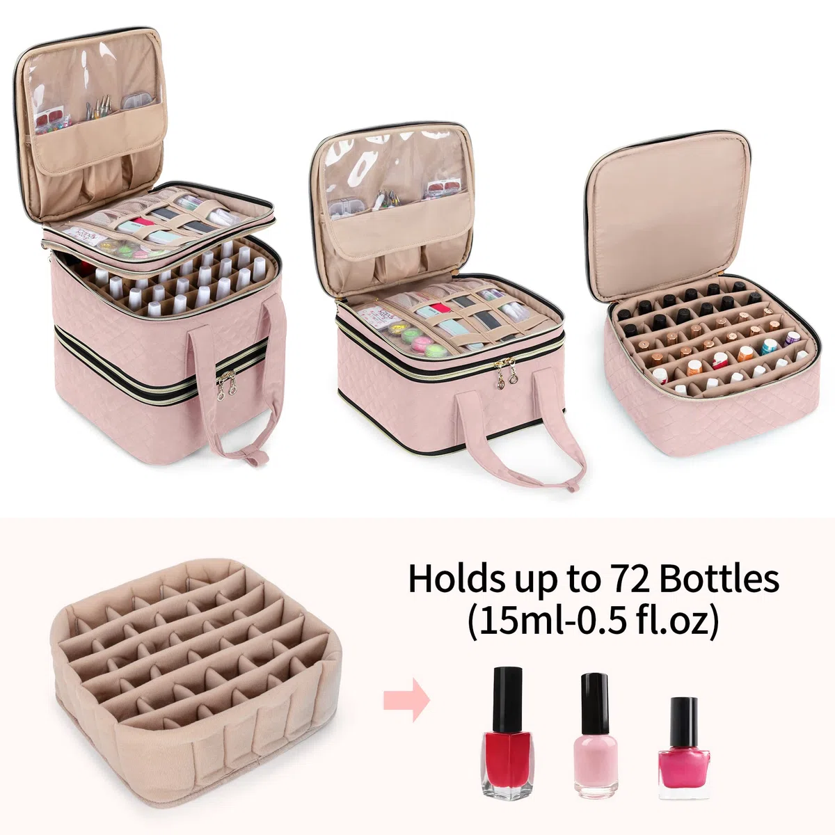 Yarwo Nagellack Aufbewahrung Tasche Kosmetikoffer für 72 Nagellack | Mit Verstellbaren Trennwänden gegen Umkippen, 3 Schichten, Transparenten Taschen und Polsterung für Maniküre und Reise
