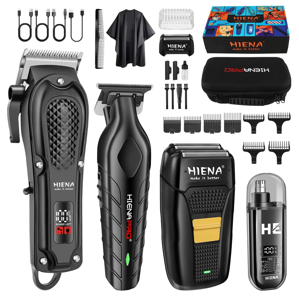 HIENA Professionelles Haarschneideset für Männer, Schnurloses Barbierschneideset und Trimmer Set, USB aufladbares elektrisches Barttrimmer & Nasenhaartrimmer Set, Folienrasierer & Männergesichtspflege
