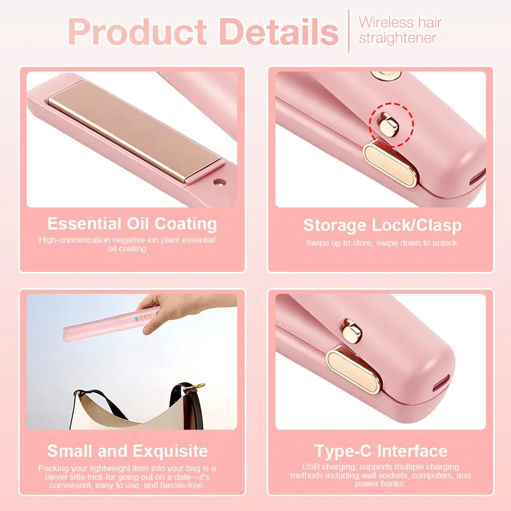 2 In 1 Mini Glätteisen Kabellos und Lockenstab, Hair Straightener, 4 Temperaturen, Wiederaufladbare Glätte, Mini Haarglätter für Langes, Kurze Haare, Glätten, Wellen, Locken Nach Innen (Rosa)