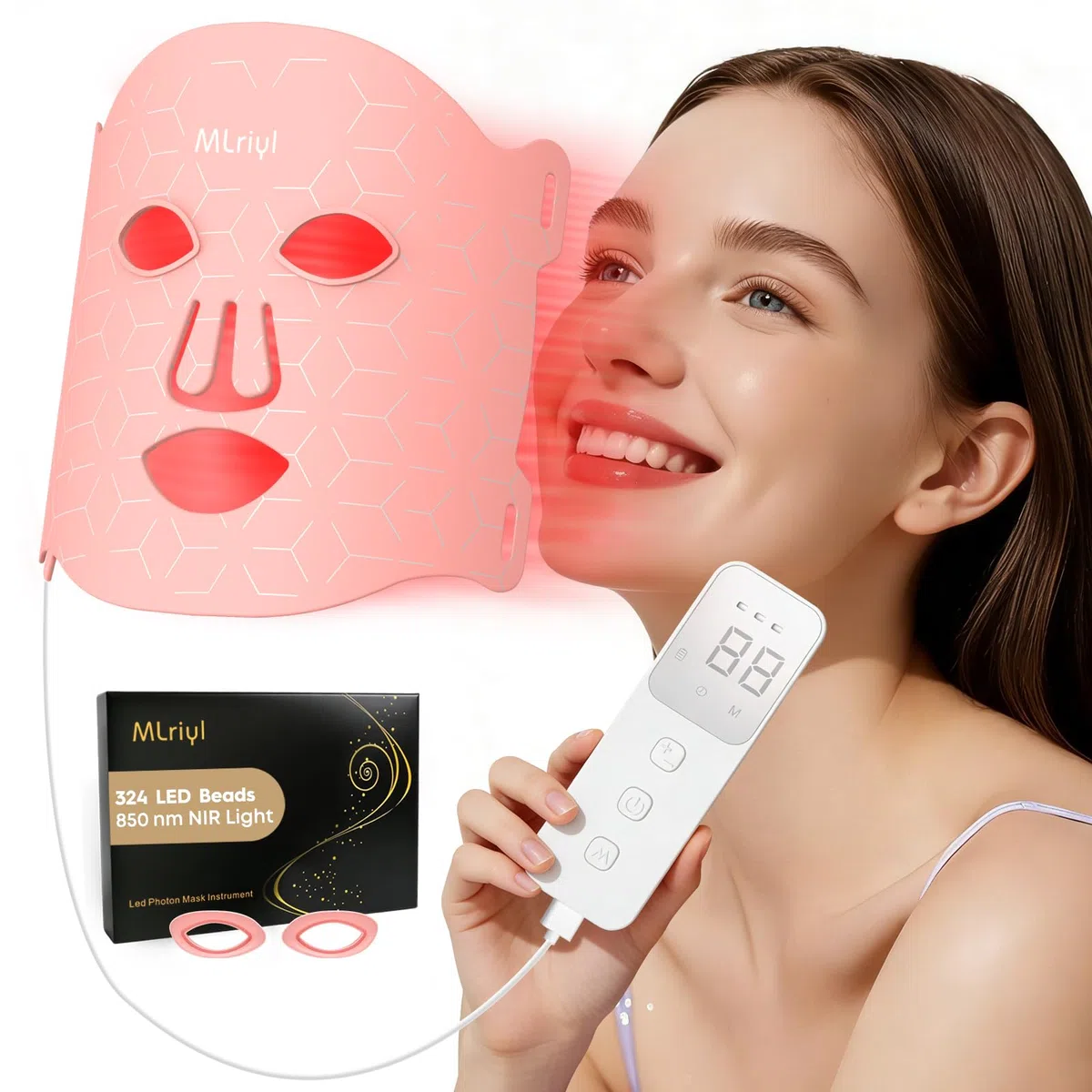 Rotlicht Maske Gesicht 850nm Nahinfrarotlicht 7 Modi Anti Falten | 108 LEDs mit 324 Chips erzeugen eine gleichmäßige Lichtverteilung, 3 Einstellbare Helligkeitsstufen für Anti-Aging
