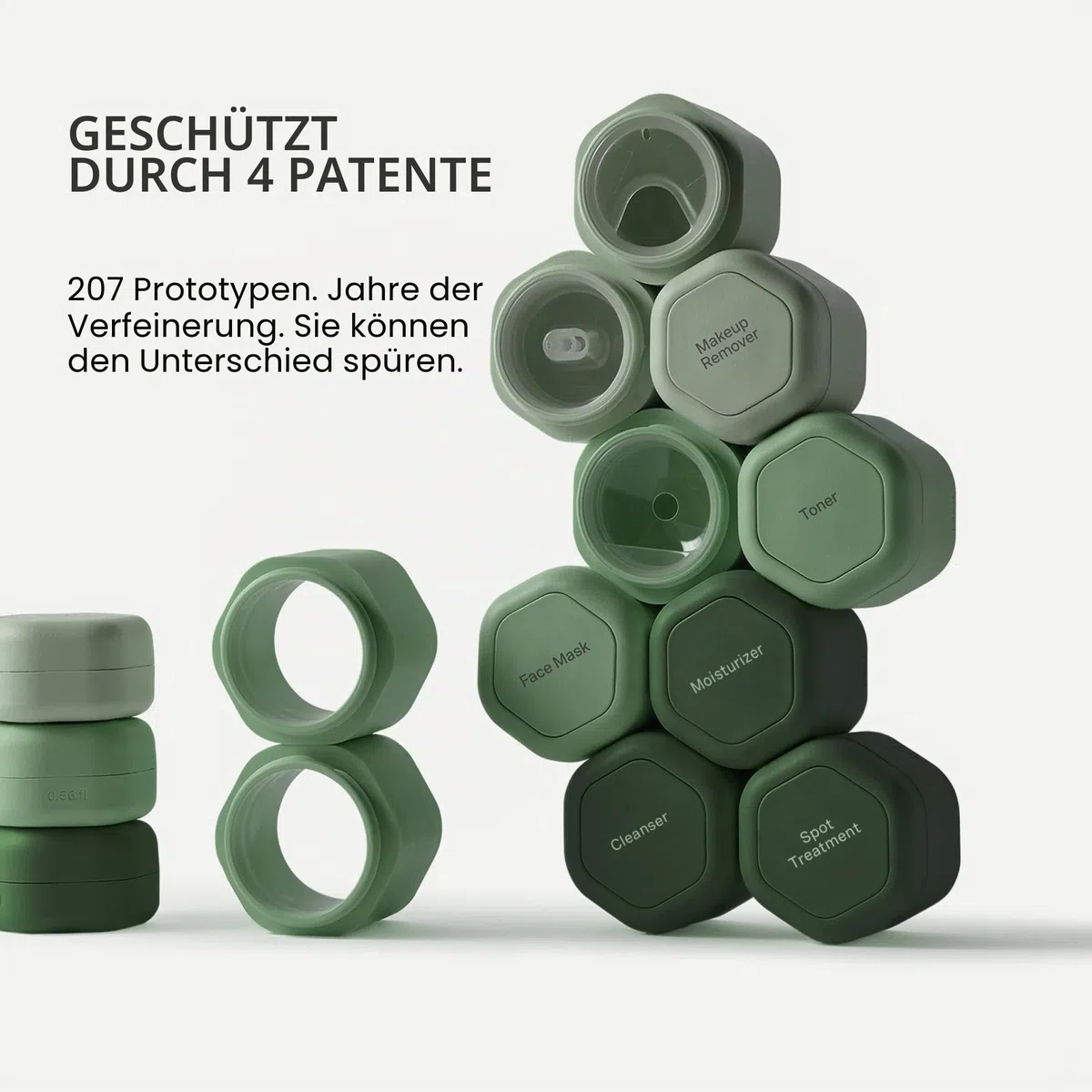 Cadence Reisebehälter Haarpflege-Kapsel-Set – magnetische Behälter mit Deckel, Reiseutensilien für Damen/Herren – 3 Flex-Medien (37,4 g) – Shampoo, Conditioner und Kamm-Symbol-Etiketten – immergrün