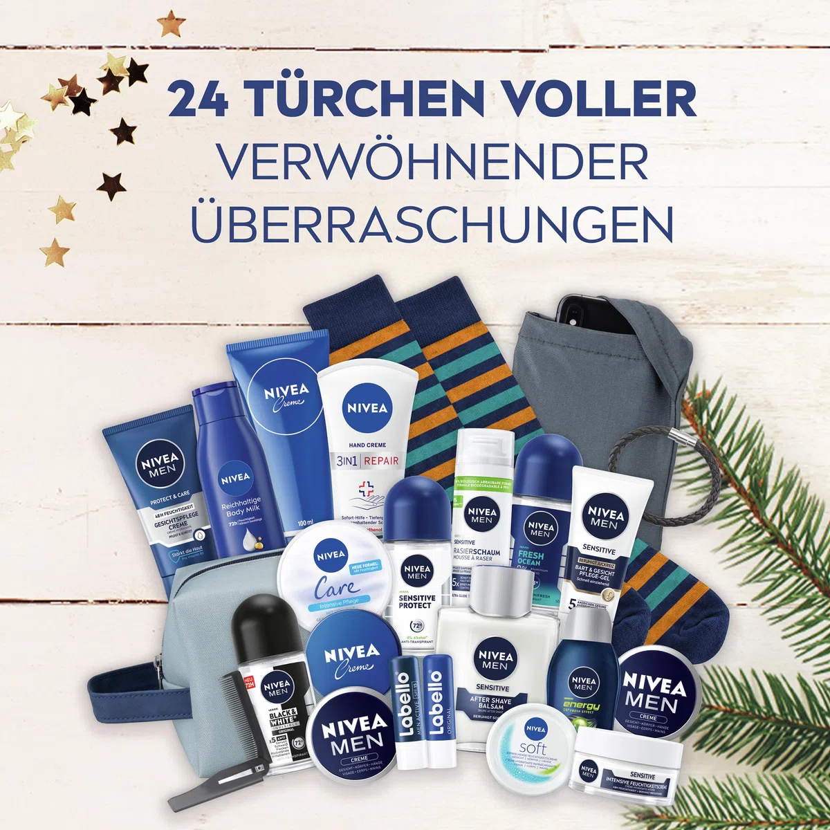 NIVEA MEN Adventskalender 2025-24 Türchen mit verwöhnenden Überraschungen, Weihnachtskalender mit Pflegeprodukten für die Adventszeit, NIVEA MEN, NIVEA und Labello Produkte