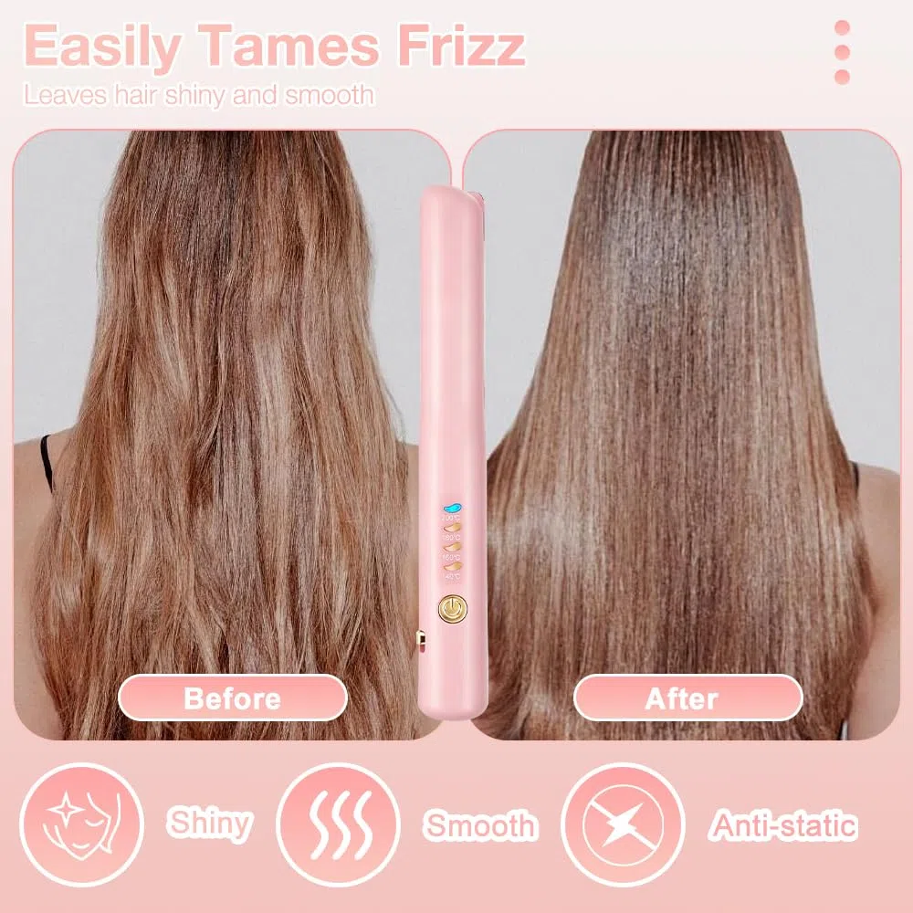 2 In 1 Mini Glätteisen Kabellos und Lockenstab, Hair Straightener, 4 Temperaturen, Wiederaufladbare Glätte, Mini Haarglätter für Langes, Kurze Haare, Glätten, Wellen, Locken Nach Innen (Rosa)