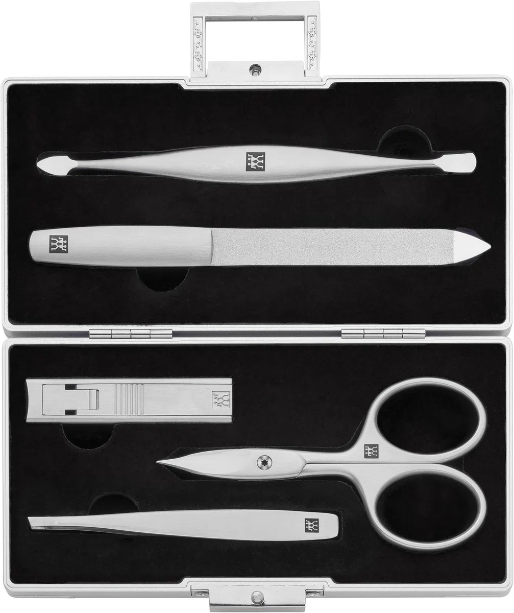 ZWILLING Maniküre-Set (5 teilig, Aluminium Case für Nagelpflege und Pediküre, Samt Inlay mit Kompakt-Nagelknipser), Premium, Schwarz