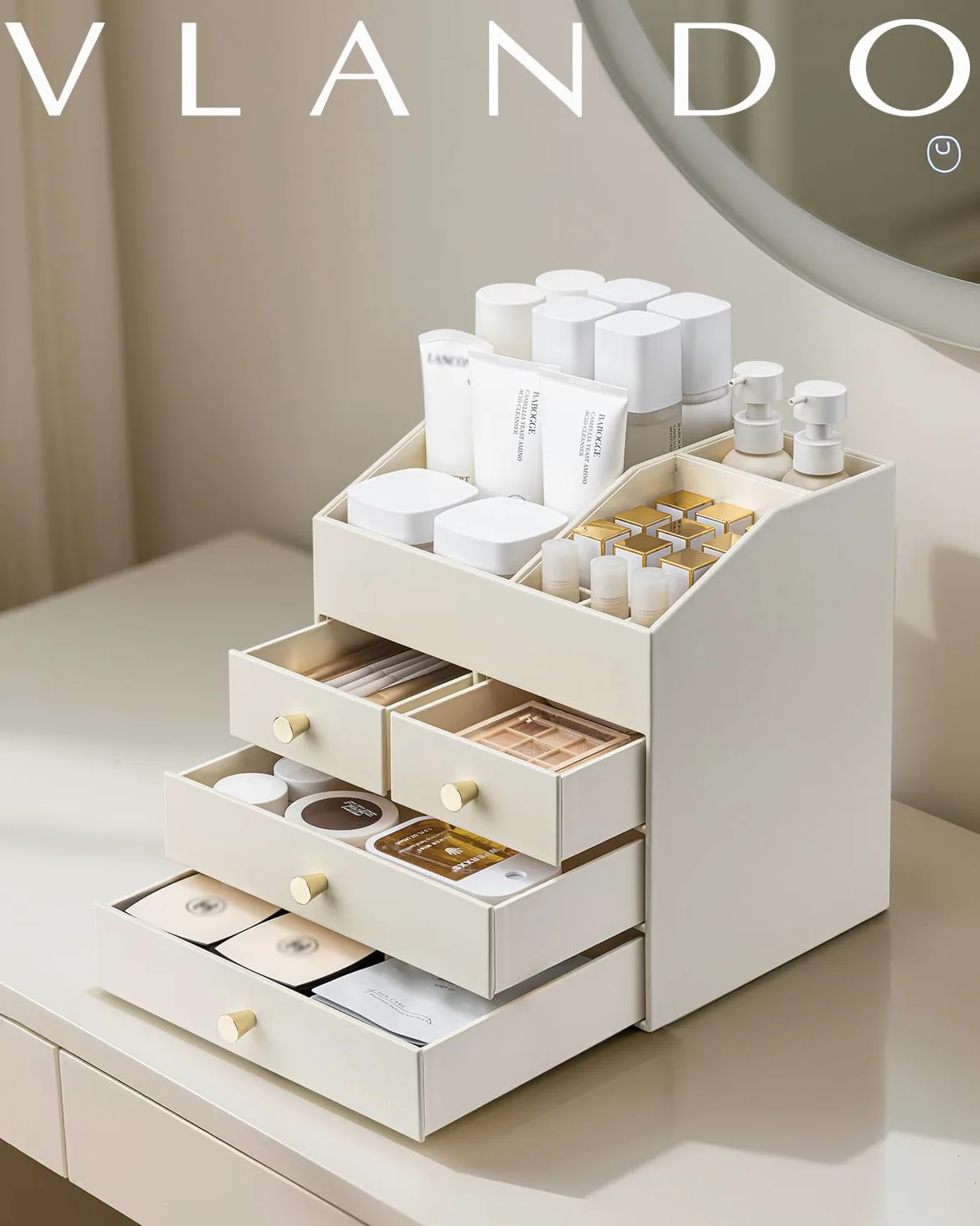 VLANDO Make up Organizer mit 4 Schubladen, Kosmetik Organizer für Badezimmer, Beige