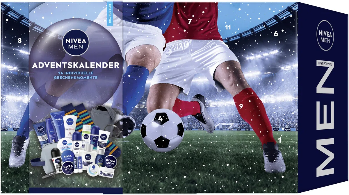NIVEA MEN Adventskalender 2025-24 Türchen mit verwöhnenden Überraschungen, Weihnachtskalender mit Pflegeprodukten für die Adventszeit, NIVEA MEN, NIVEA und Labello Produkte