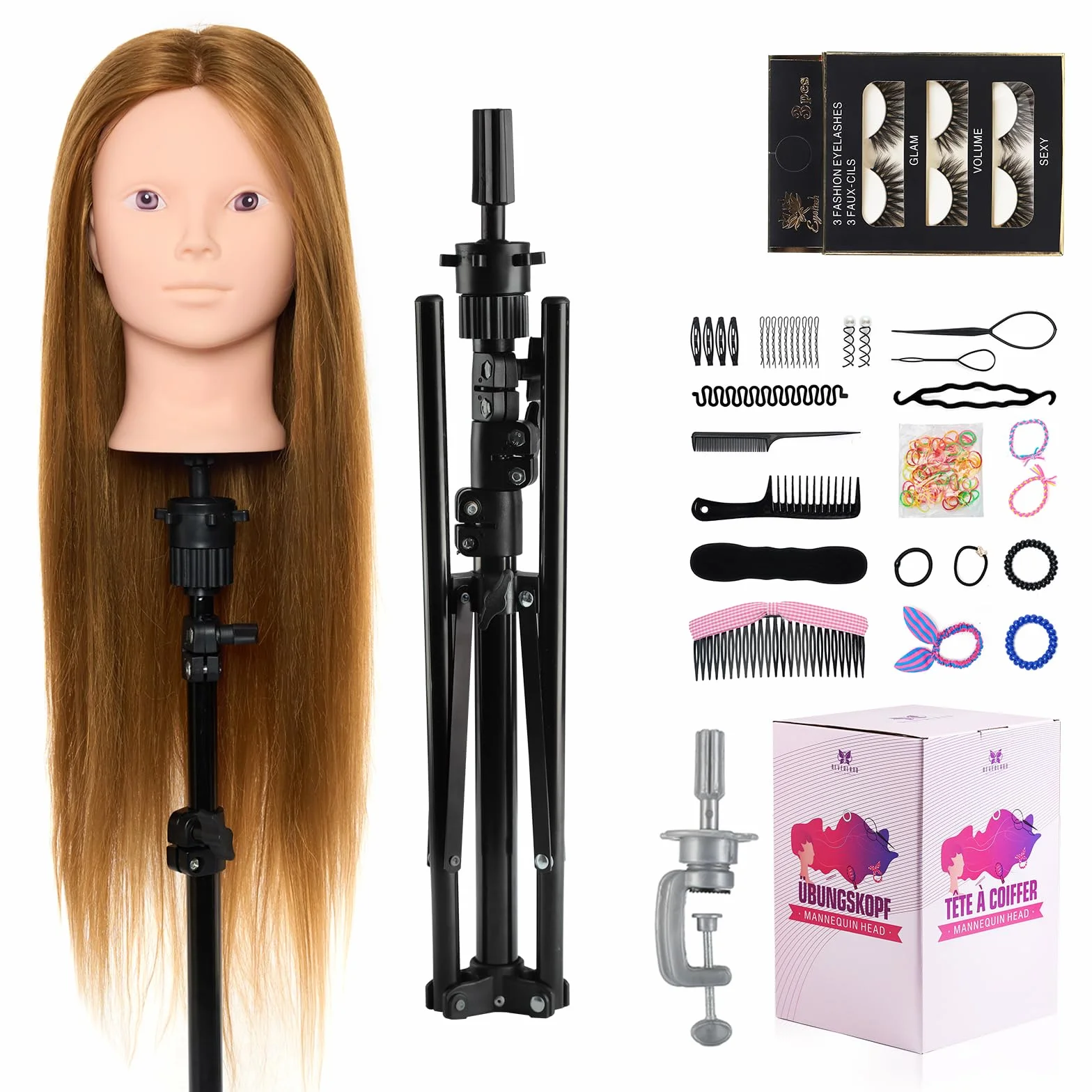 Neverland Frisierkopf Schminkkopf mit Puppenkopf Ständer, 60% Echtes Haar 28 Zoll Übungskopf zum Frisieren und Schminken, Trainingsköpfe für Haar-Styling mit Tischklemme+Haar-Styling-Set