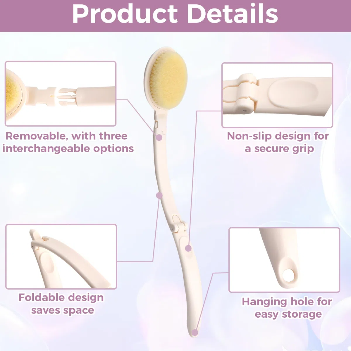 VOSSOT 3-in-1 Rückenbürste mit Langem Stiel, mit Duschschwamm 1 Wandhaken,Rückeneincremhilfe Faltbare Badebürste Austauschbare Köpfe Eincremehilfe für Rücken Füße, Rückenschwamm Körperpflege Set