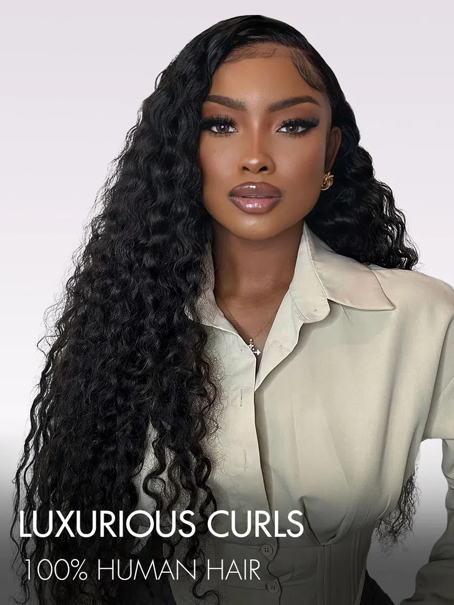 22 Zoll Echthaar Perücke Deep Wave 13X4 Lace Front Human hair Wig,200 Density Deep Curly Glueless HD Transparent Lace Wigs Human Hair For Black Women Pre Plucked,Natural Black (56cm)