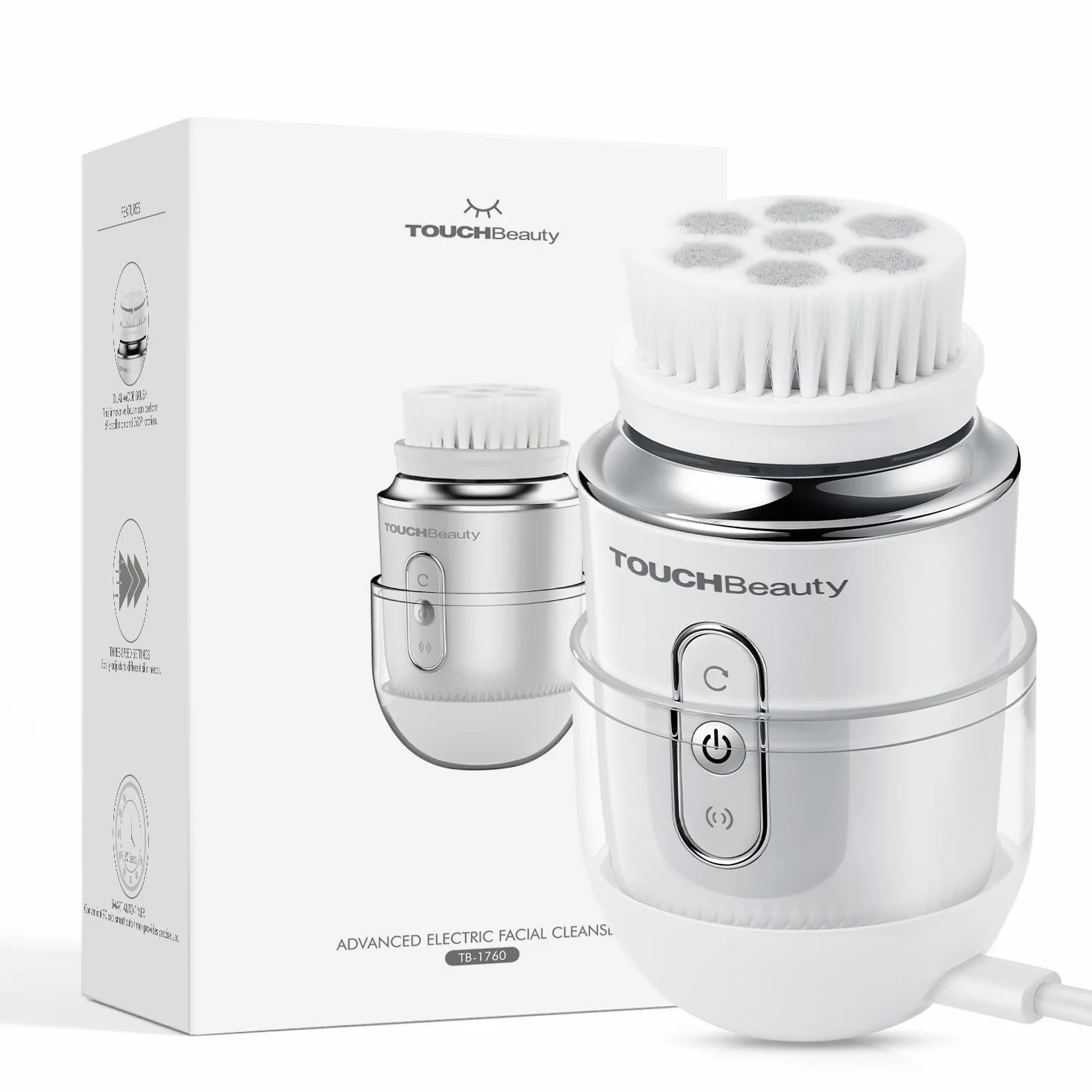 TOUCHBeauty Weihnachtsgeschenke Wasserdichte Elektrische Gesichtsbürste Gesicht mit 2 Bürstenkopf,6 Stufigen Rotations für Haut Tiefenreinigung Sanfte Exfoliation,Aufladbar AG-1760