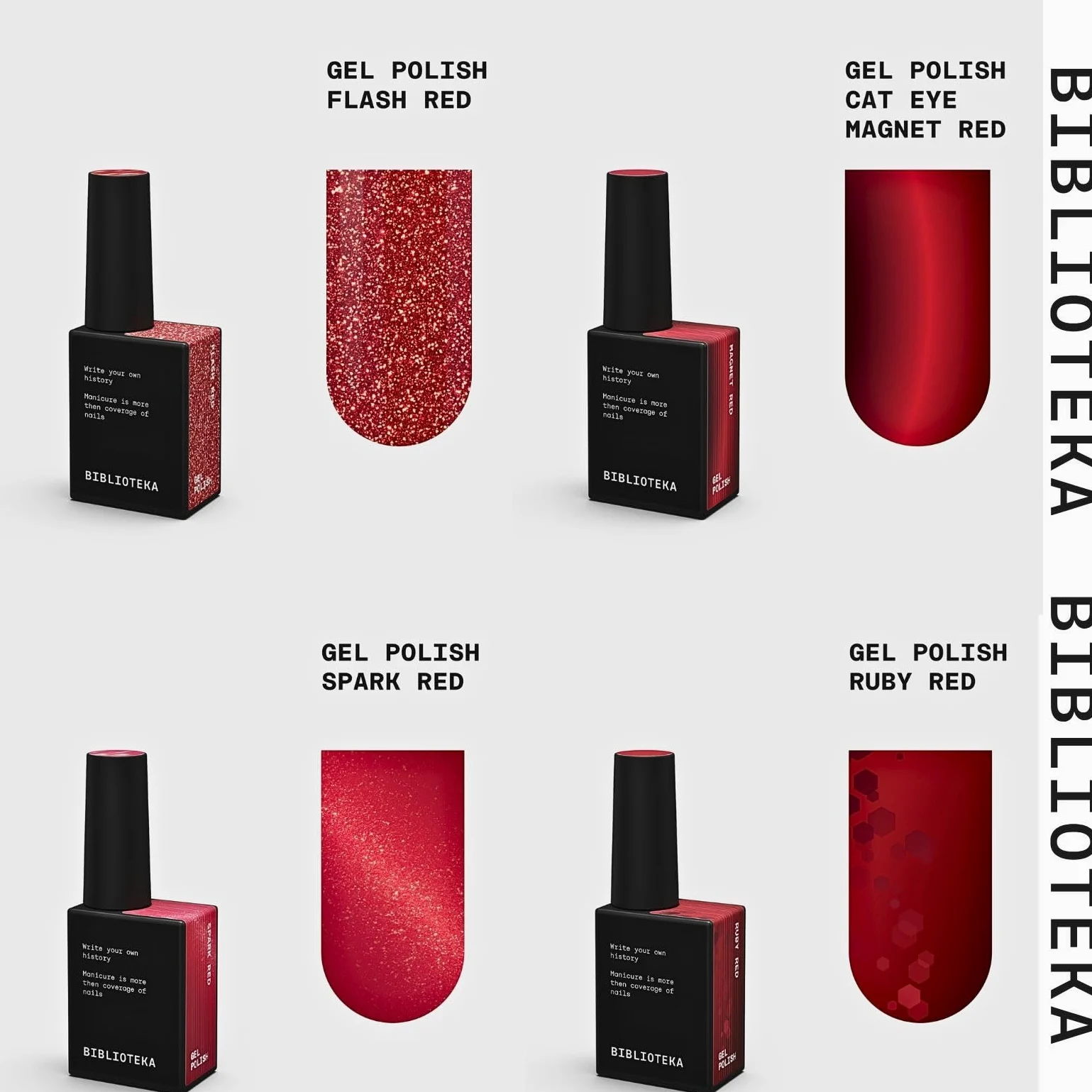 BIBLIOTEKA Red Code Collection Set mit 8 Stück à 10 ml, 5 semi-permanenter Nagellack, Rottöne, Glitter, Katzenauge und reflektierend, Base Cover, Builder Gel und Top Cover, hochpigmentiert.